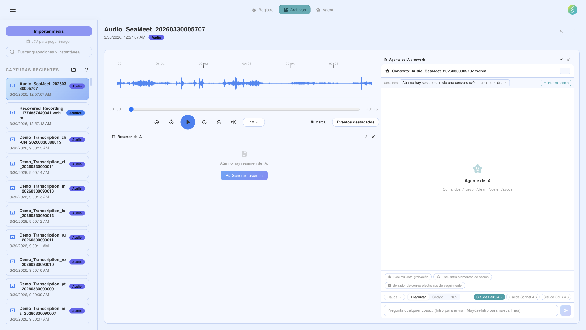 Interfaz de chat del Agente AI para hacer preguntas sobre grabaciones