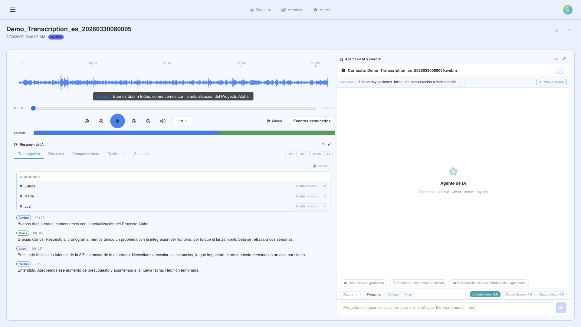 Interfaz AI de SeaMeet para transcripción y análisis