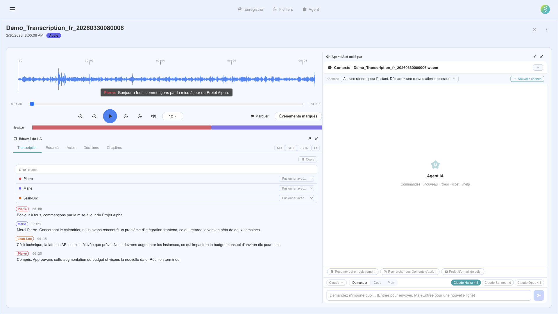 Interface AI SeaMeet pour la transcription et l'analyse