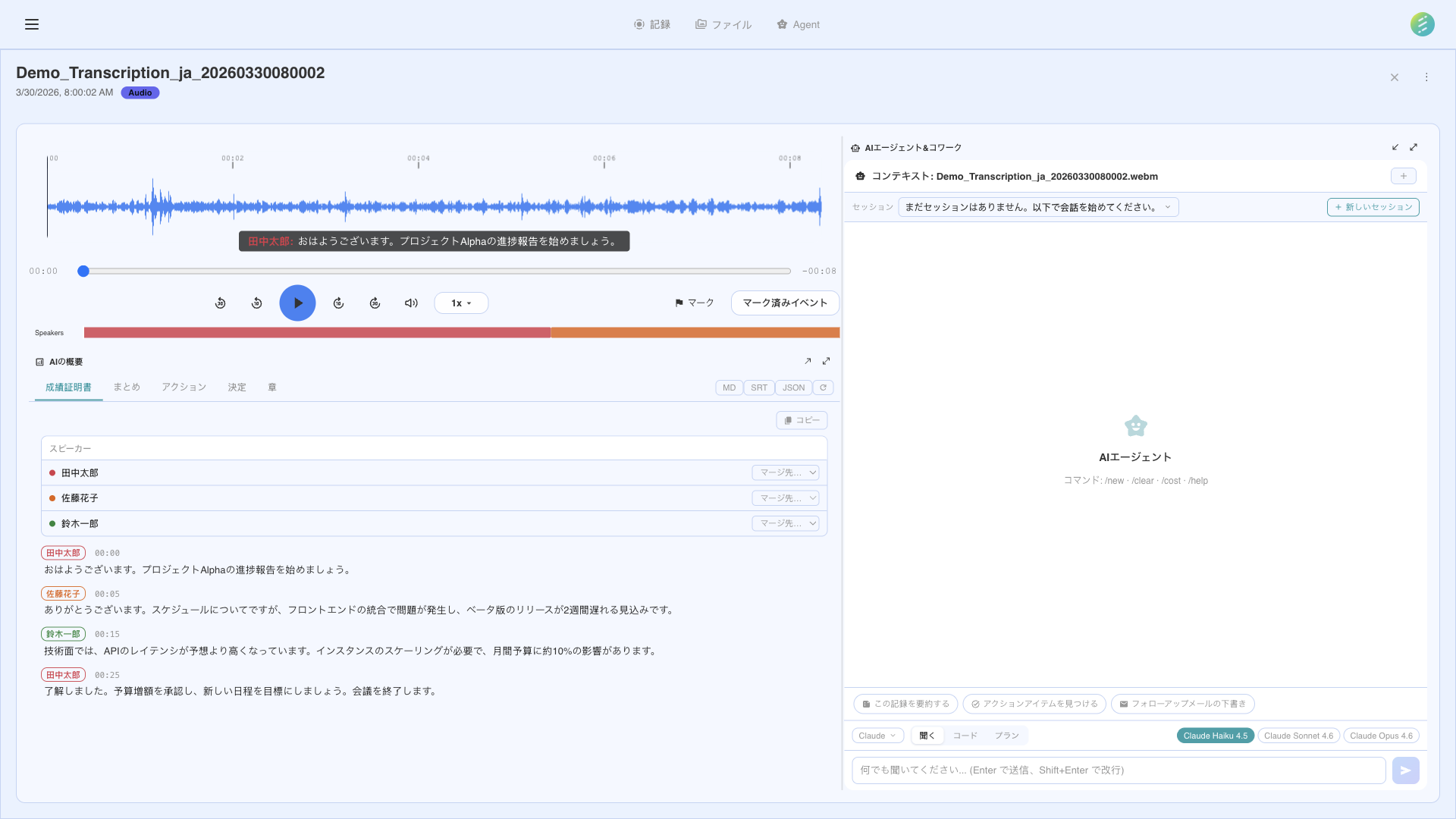文字起こしと分析のための SeaMeet AI インターフェース